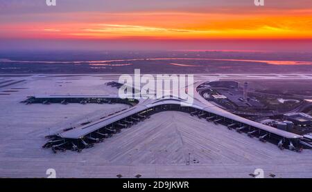 An aerial view of the Qingdao Jiaodong International Airport, an airport whose is fully complete since mid-2020, but the official opening date has yet Stock Photo
