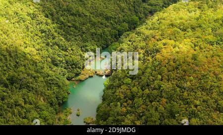 River and tropical rainforest in summer day. The drone is flying on the river. Aerial landscape. Bohol, Philippines. Stock Photo