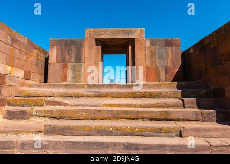 Kalasaya Temple, archeological site Tiwanaku or Tiahuanaco, UNESCO World Heritage, Altiplano, La Paz, Bolivia, Latin America Stock Photo