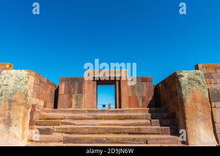 Kalasaya Temple, archeological site Tiwanaku or Tiahuanaco, UNESCO World Heritage, Altiplano, La Paz, Bolivia, Latin America Stock Photo