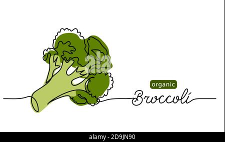 Broccoli vector doodle illustration. One line drawing art illustration with lettering organic broccoli Stock Vector