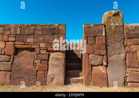 Kalasaya Temple, archeological site Tiwanaku or Tiahuanaco, UNESCO World Heritage, Altiplano, La Paz, Bolivia, Latin America Stock Photo