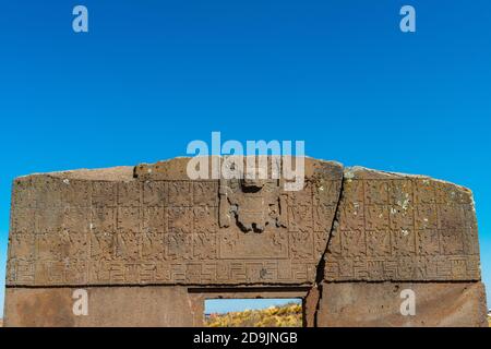 Puerta del sol, Kalasaya, archeological site Tiwanaku or Tiahuanaco, UNESCO World Heritage, Altiplano, La Paz, Bolivia, Latin America Stock Photo