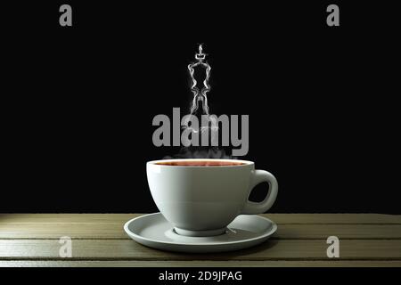 Coffee cup with steam in chess King shape on wooden plank with black background. Good morning coffee or leadership or creative concept. 3d Render Stock Photo