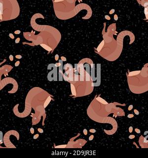 Cute squirrel juggling acorns seamless pattern background. Red brown woodland animals throwing nuts up in the air textured black backdrop. Fun forest Stock Vector