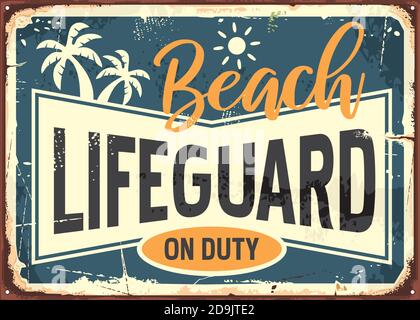 Beach lifeguard on duty retro summer sign info with sun and palm trees. Summer holiday banner. Sea and safe swimming vector graphic concept. Stock Vector