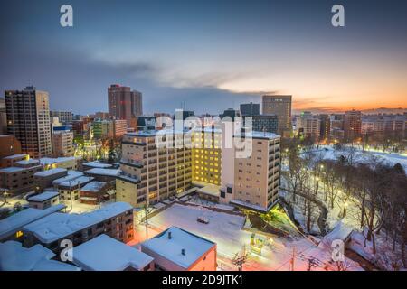 Wintery city skyline in Sapporo, Japan  over looking Nakajima Park at dawn. Stock Photo