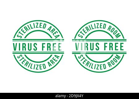 Set of Virus Free stamp vector illustration isolated on white background, Sterilized room or area. Sign, label, green color Stock Vector