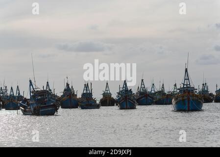 Mui ne fishemans village. Traditional Vietnamese boat in the basket shaped in Fishing village Mui Ne, Vietnam, Asia Stock Photo