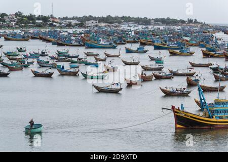 Mui ne fishemans village. Traditional Vietnamese boat in the basket shaped in Fishing village Mui Ne, Vietnam, Asia Stock Photo