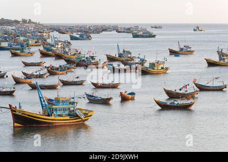 Mui ne fishemans village. Traditional Vietnamese boat in the basket shaped in Fishing village Mui Ne, Vietnam, Asia Stock Photo