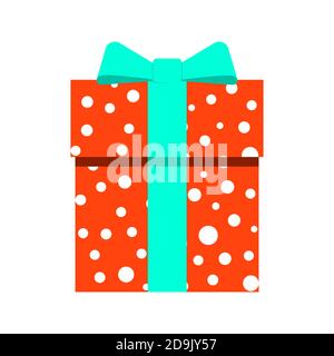 Vector illustration of gift box in red color and green ribbon with polka dot pattern Stock Vector