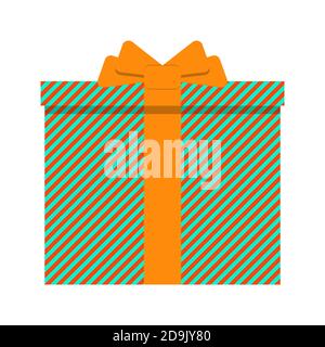 Vector illustration of gift box with green color and orange ribbon with diagonal stripes Stock Vector