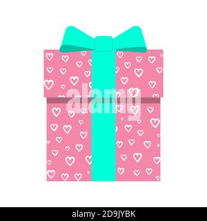 Vector illustration of gift box in pink color and green ribbon with love pattern isolated on white background Stock Vector