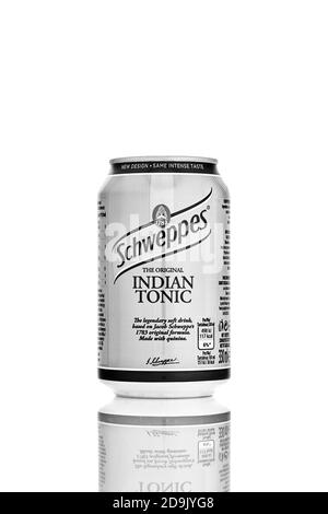 Schweppes Indian tonic in a can, isolated on white background with reflection. Popular soft drink. 21.06.2019, Rostov-on-Don, Russia. Stock Photo