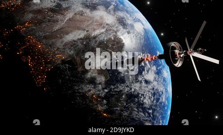 International space station floating in orbit above planet earth in outer space. Orbiting spaceship in the univers, shuttle into atmosphere. Images from NASA. Rendered 3D illustration Stock Photo