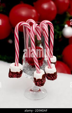 Christmas candy decorated with marshmallows in chocolate. Candy hangs on a glass with a red rose. Relative tree in the background. Stock Photo