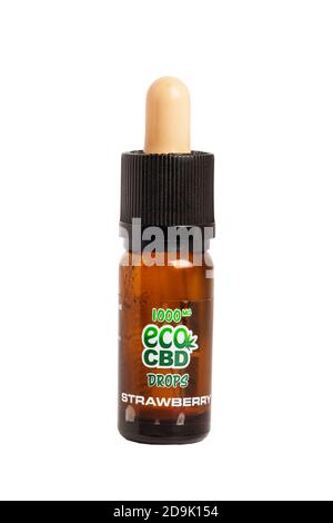 A bottle of strawberry flavored eco CBD oil drops on a white background Stock Photo