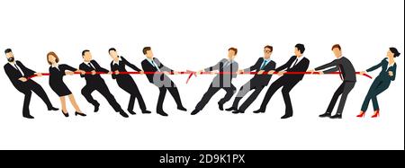 Tug of war. Teams pulling against each other at opposite ends of a rope compete for supremacy of companies or market control. Business concept illustr Stock Vector