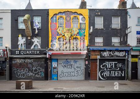 Lockdown 2 in Camden Town, November 6th 2020, empty of tourists and visitors the famous shops of Camden Town are closed until the lockdown ends. Stock Photo