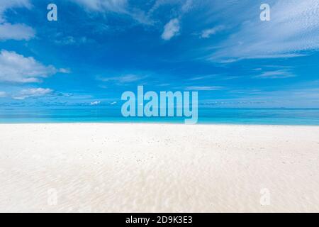 White sandy tropical beach and soft sunlight background and banner. Sea sand sky concept. Relaxing beach landscape, sunny view