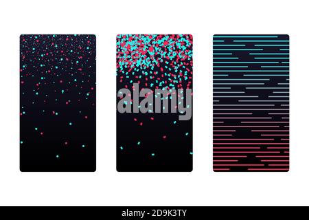 Colored modern red blue elements on black social media application abctract background set. Blogging stream app futuristic digital wallpaper. Smartphone screen backdrop cover vector eps illustration Stock Vector