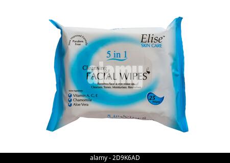 Packet of Elise Skin Care cleansing facial wipes isolated on white background Stock Photo