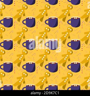 Seamless winter pattern on pink background with hot chocolate and cookies Stock Vector