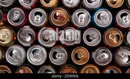 Empty aluminium drinks cans for recycling. 11.06.2019 Rostov-on-Don, Russia Stock Photo