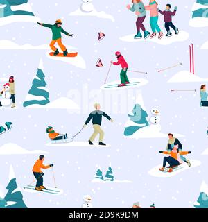 Winter seamless pattern with happy people skiing, skating and sledding. Vector flat cartoon Christmas fun background. Outdoor sports, lifestyle and ac Stock Vector