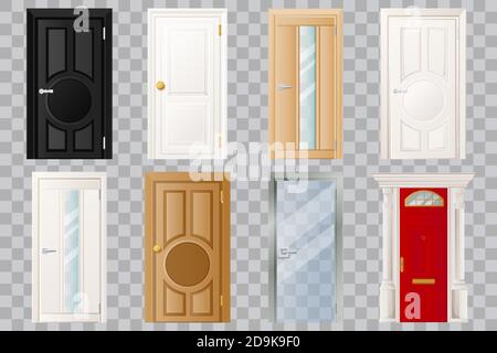 Closed doors set, isolated on transparent background. Classical wooden, white, black and glass door. Modern home or room entrance and exit design elem Stock Vector