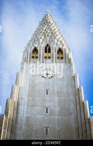 Vertical closeup shot of Hallgrimskirkja church in the center of Reykjavik, Iceland Stock Photo