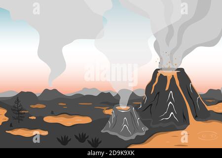 Prehistoric landscape with volcano eruption, lava and smoky sky. Vector background with mountains and volcanoes in flat cartoon style Stock Vector