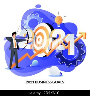 Business target and goals, investment success strategy, income growth in new 2021 year. Vector flat cartoon illustration of businessman shoots target Stock Vector