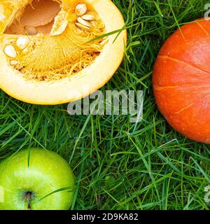 Fruit on grass, carrot apple ginger pumpkin fresh healthy food hands Stock Photo
