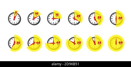 Timer and stopwatch icon set. Kitchen cooking or fast express delivery time labels with different minutes. Sport clock or deadline countdown vector isolated illustation Stock Vector