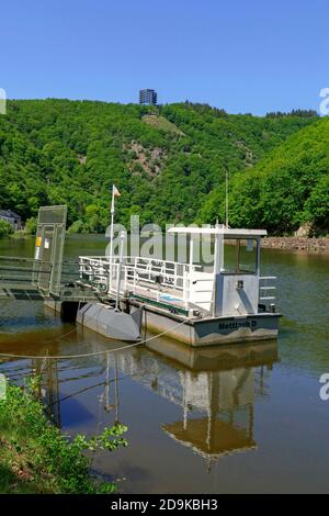 Welles ferry on the Saarschleife and treetop path on the Cloef, Mettlach, Saarland, Germany Stock Photo
