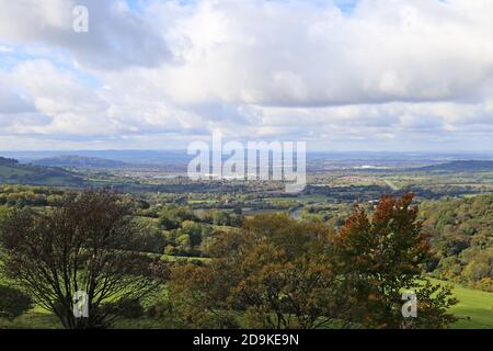 View from Barrow Wake, Hay Bluff (44 miles away) can be seen right of centre on horizon. Birdlip, Gloucestershire, England, Great Britain, UK, Europe Stock Photo