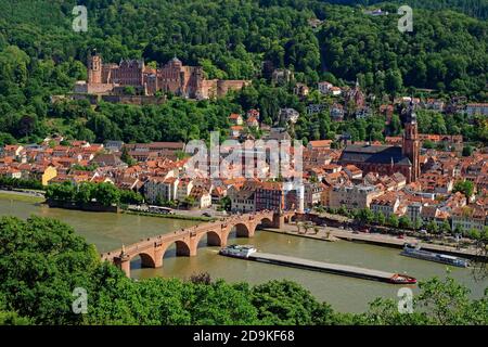 View from Philosophenweg to old town and castle, Heidelberg, Neckar, Baden-Württemberg, Germany Stock Photo