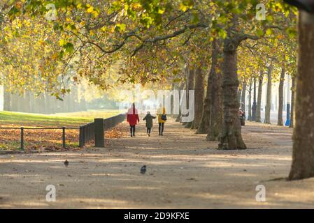 Family walking the tree lined avenue beside The Mall and St. James's Park, Westminster, London, UK, on a bright Autumn day during COVID 19 lockdown 2 Stock Photo