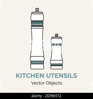 Pepper salt mill shaker vector illustration. Vector line illustration isolated wooden pepper grinder logo icon cafe menu Stock Vector