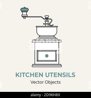 Coffee grinder mill vector illustration. Vector line illustration isolated coffee grinder logo icon cafe menu banner Stock Vector