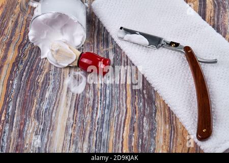 Shave tools on rustic wooden table. Stock Photo