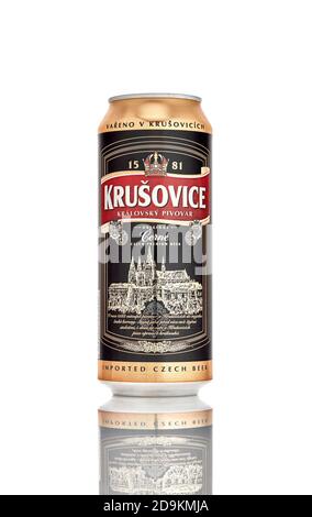 Can of Krusovice Czech dark beer white background. Delcious beer from Czechia. 21.06.2019, Rostov-on-Don, Russia. Stock Photo