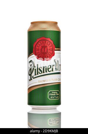 Can of Pilsner Urquell beer isolated on white. Produced since 1842 in Pilsen, Czech Republic. 21.06.2019, Rostov-on-Don, Russia. Stock Photo