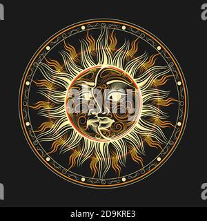 Faces of the moon and Sun United on one disc, Occult symbol. Vector illustration. Stock Vector