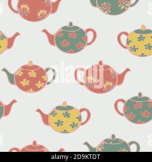 Vector seamless pattern of colorful teapots. Crockery illustration design. Stock Vector