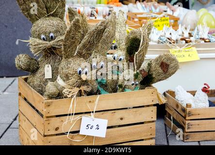 Duesseldorf, North Rhine-Westphalia, Germany, decorative Easter bunnies not sold at Easter on special offer in times of the corona crisis. Stock Photo