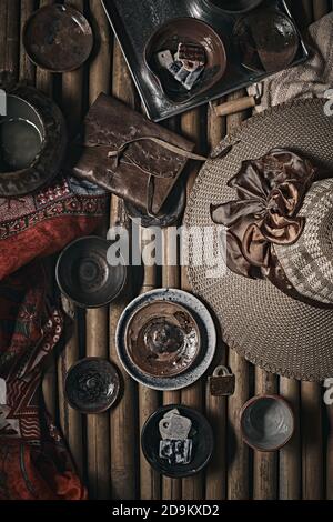Different handmade ceramic on background. Stock Photo
