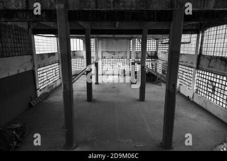 Grayscale shot of the interior of an abandoned industrial building with columns Stock Photo